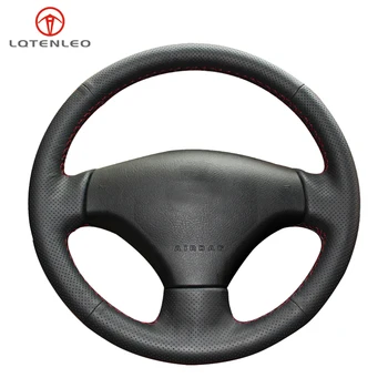 

LQTENLEO Black Genuine Leather Hand-stitched Car Steering Wheel Cover For Peugeot 206 2007 2008 2009 Peugeot 207 Citroen C2