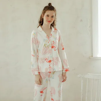 

2019 Cotton Korean Flamingo Printing Sleep Pijama Lapel Pants Long Sleeve Pajamas Loungewear Women Sleepwear Sexy Home Clothes