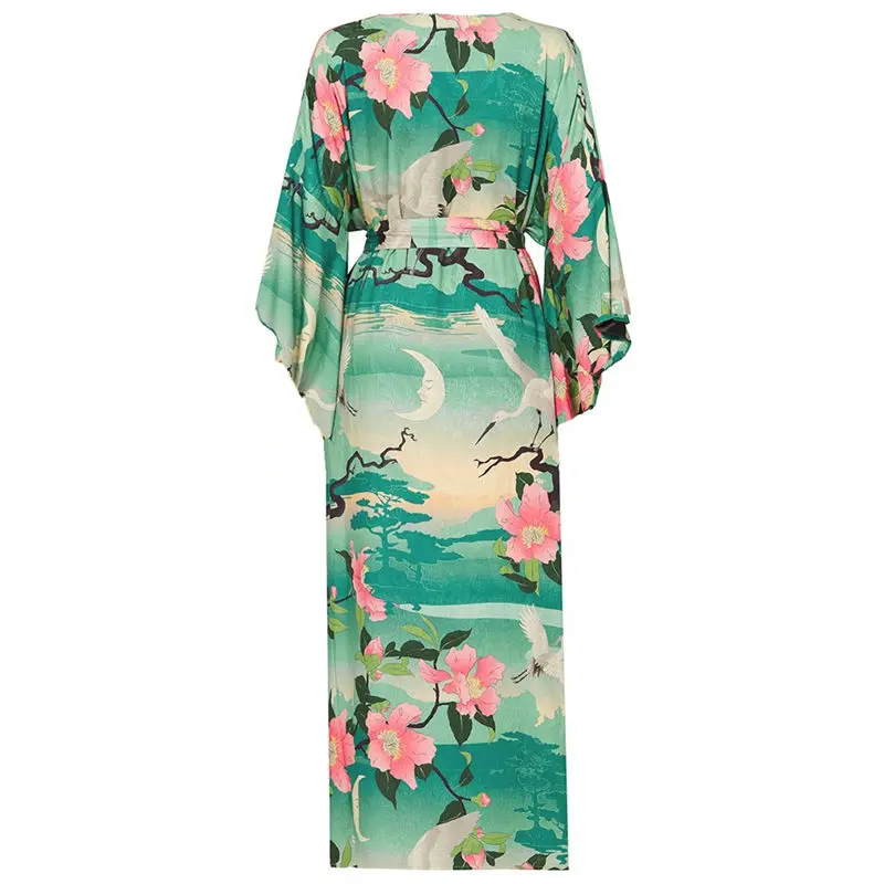 Зеленое богемное бикини с принтом накидка китайский стиль кимоно кардиган хлопок туника пляжное платье Купальник накидка# Q734