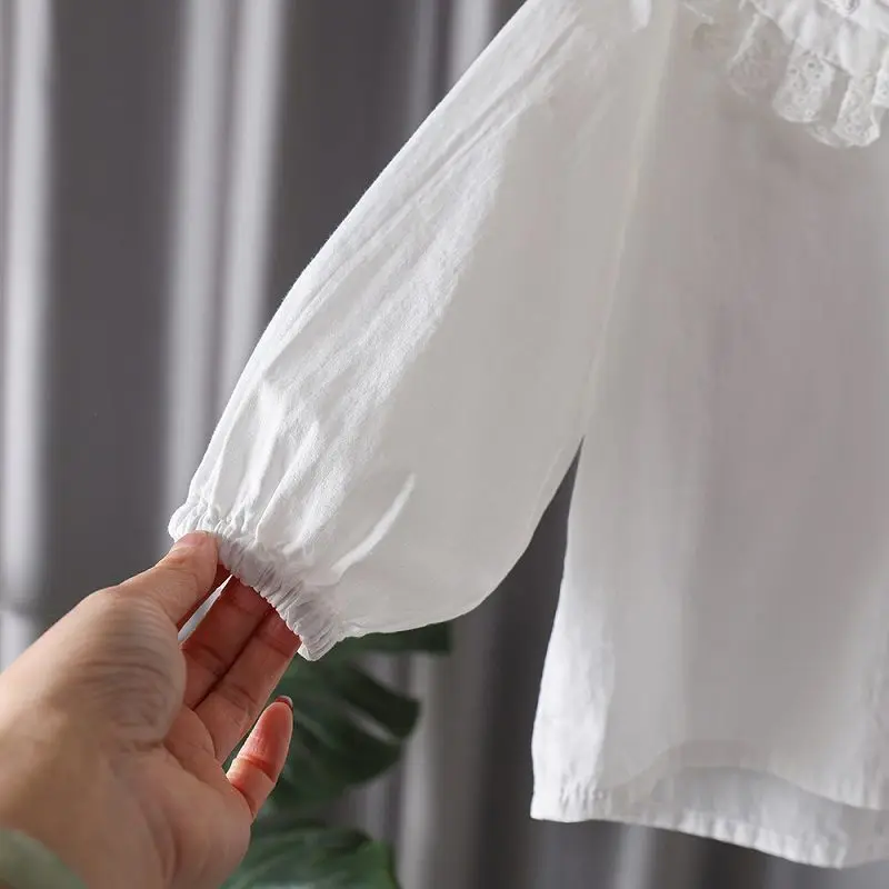 Spring 100% Cotton Lace Top White Blouse Summer Shirt Korean Baby Long Sleeve Tops Boys Shirts School Girls Blouses Camisas