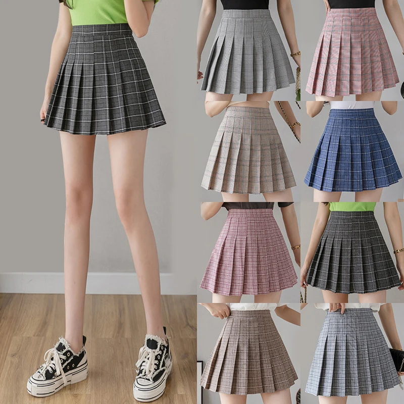 

Women Plaid Pleated Skirts Kawaii High Waist A-line Mini Skirts Plus Size Summer Harajuku Korean Japanese School Uniform