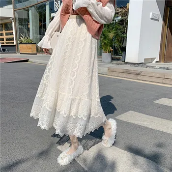 

2020 Hollow Out Lace A Line Midi Skirts Women Korean High Waist Casual Long Skirt Elegant Loose Waist Black Skirt Faldas Mujer