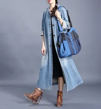 

New Solid Color Denim Female Windbreaker Long Sleeve Casual Loose Single Breasted Coat 2020 Clothes Fashion Crew Neck Coat