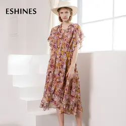 ESHINES Runway дизайнерское шикарное элегантное платье миди летняя с цветочным принтом v-образный вырез рукава-бабочки с оборками шнуровка пояса