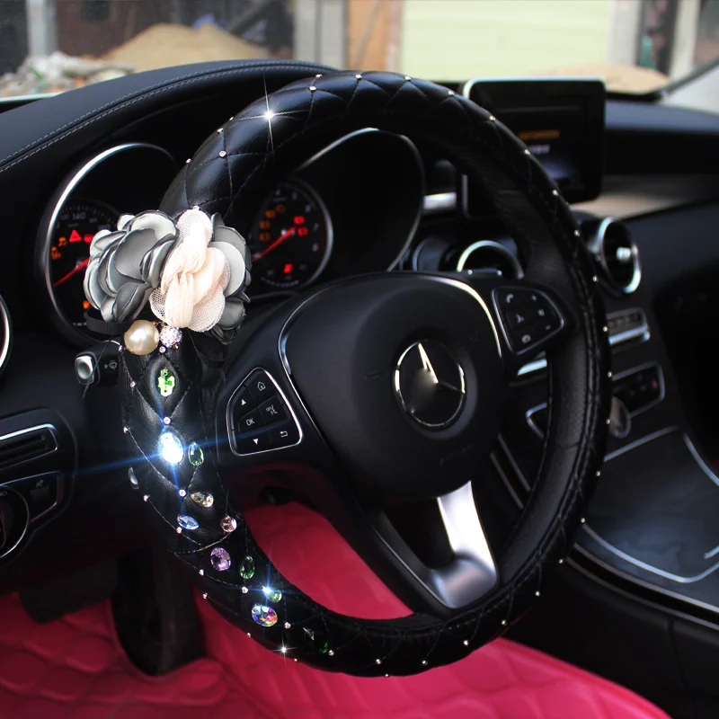 

Colorful Crystal Car Steering Wheel Cover Floral PU Leather Auto Steering Wheel Covers For Girls Women Ladies