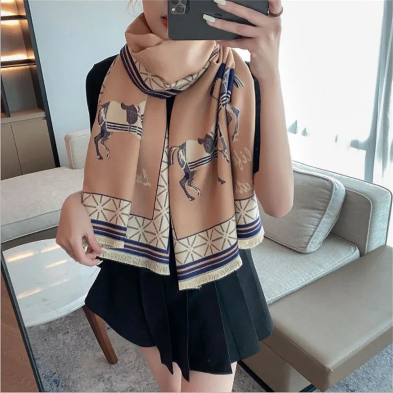 

Horse Pattern Thick Neckerchief Female Cashmere Scarf Women Hijab Blanket Warm Shawls And Wraps Lady Pashmina Echarpe Bufanda