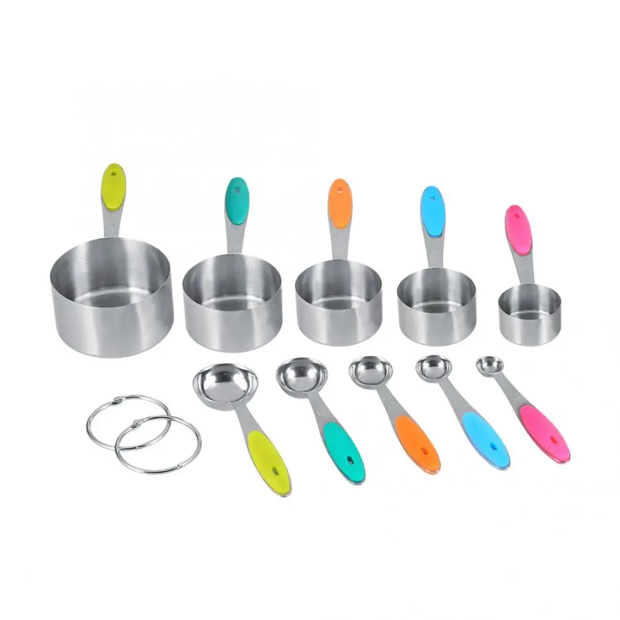 

10 Pieces Stainless Steel Measuring Cups and Spoons Silicone Handle Grip Kitchen measuring cup Kitchen Measuring Tool