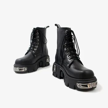 preço Alta Plataforma Botas De Tornozelo Feminino Preto Couro Do Punk Motocicleta Goth Botas Para Senhoras Sapatos De Fundo Grosso Ba08