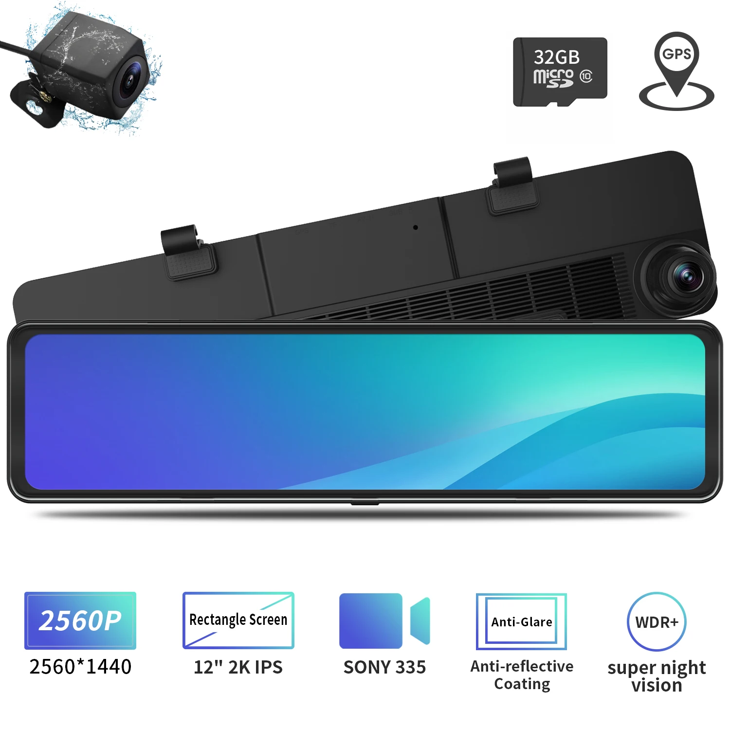 12\ HD Mirror Dash Cam Car Backup Camera Dual Lens Dash Cam Recorder 2560P+1080P 2K IPS Full Touch Screen Car Recorder