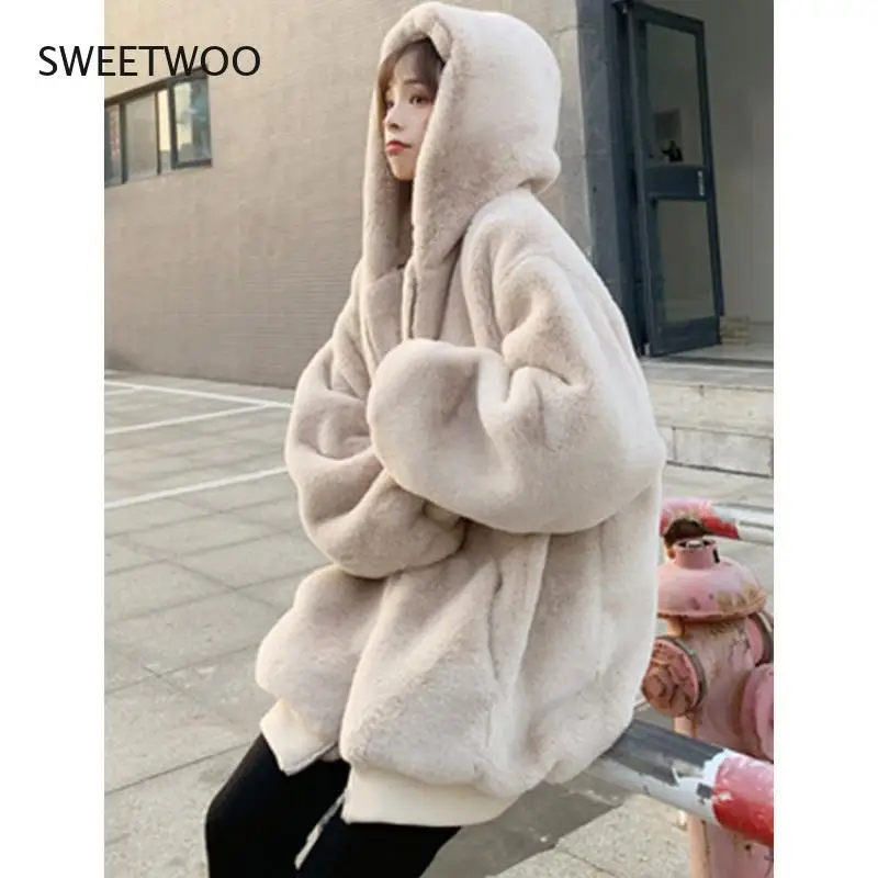 Winter Thick Warm Faux Rabbit Fur Coat New Women Long Sleeve Hooded Fur Jacket Coats Fashion Outwear