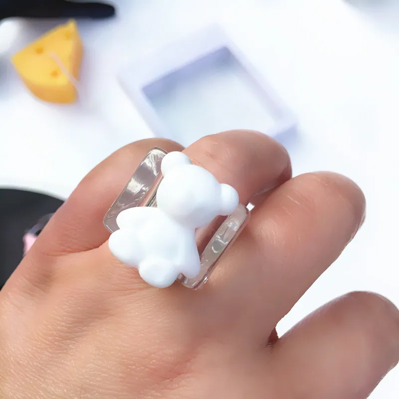 Cute Funny Bear Animal Acrylic Rings For Women Cartoon Colorful Resin Transparent Wide Finger Ring For Girl Party Jewelry Gift
