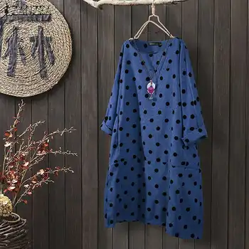 

ZANZEA Vintage Women Corduroy Dress Autumn Long Sleeve Polka Dot Dress Loose Casual Printed Long Shirt Vestido Party Sundress