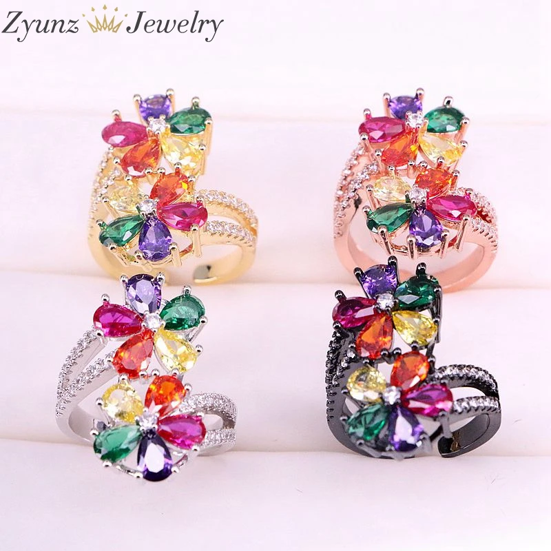 5PCS, Fashion Women Rainbow Multicolor Cubic Zirconia CZ Double Flowers Ring