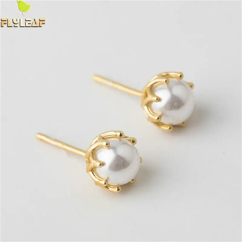 

Flyleaf 100% 925 Sterling Silver Gold Pearl Stud Earrings For Women Simple Design Student Girl Gift Fashion Jewelry