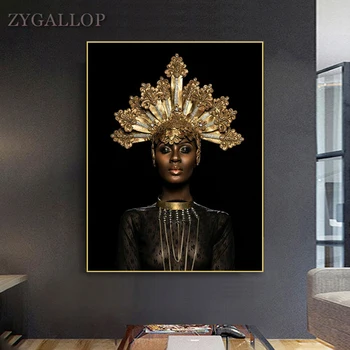 

Canvas Print Gold Crown Black Woman Wall Painting Modern Wall Art Posters and Prints Luxury Decorative Pictures for Living Room