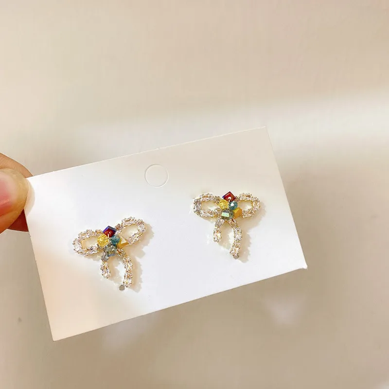 2020 New Korean earring Sweet Crystal Bowknot Zircon Stud Earrings For Women Girls Cute Boucle D'oreille Jewelry Accessories