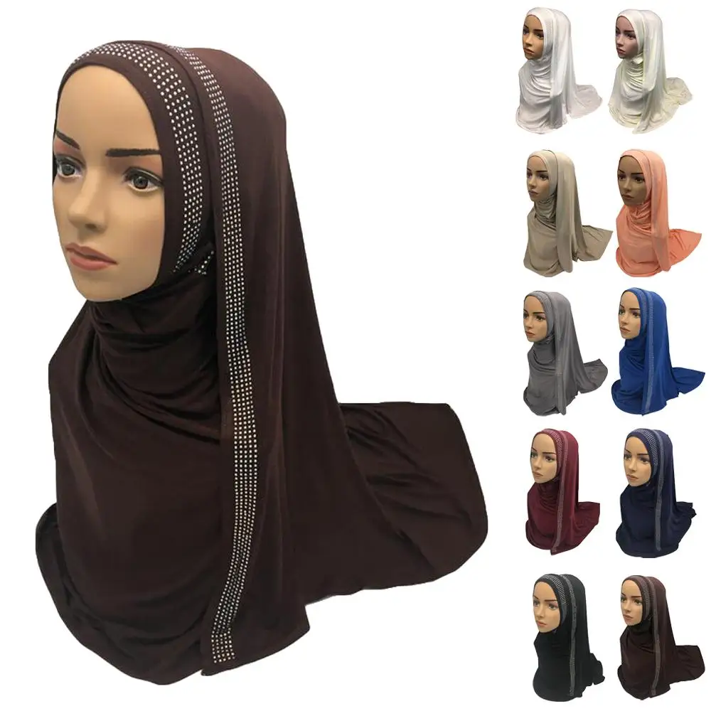 

New Muslim Women Long Scarf Hijab Cotton Shawl Head Wrap Rhinestone Stoles Cover Islamic Headscarf Turban Bandanas Arab 75*170CM