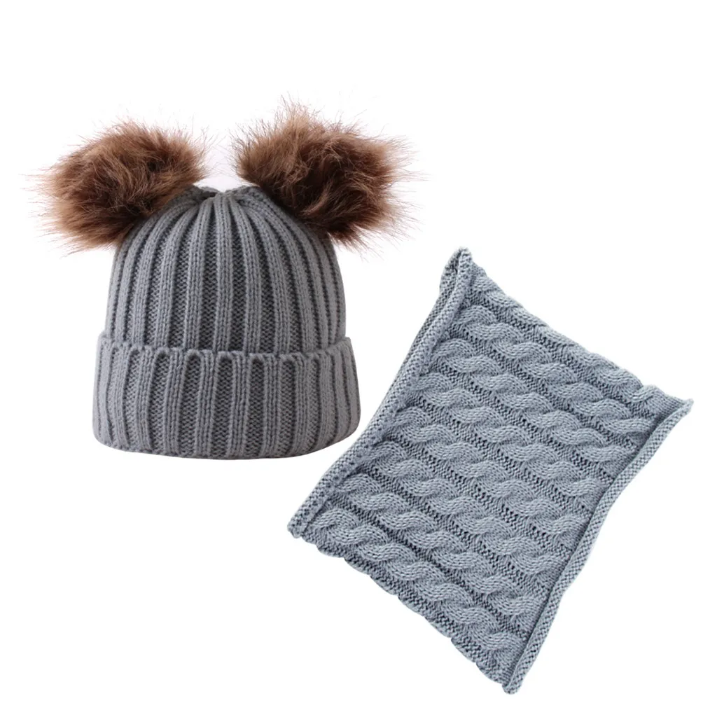 Новая дизайнерская зимняя теплая шапка унисекс, однотонная детская вязаная шапка из двух предметов с двумя меховыми шариками, зимняя шапка на Рождество - Цвет: Серый