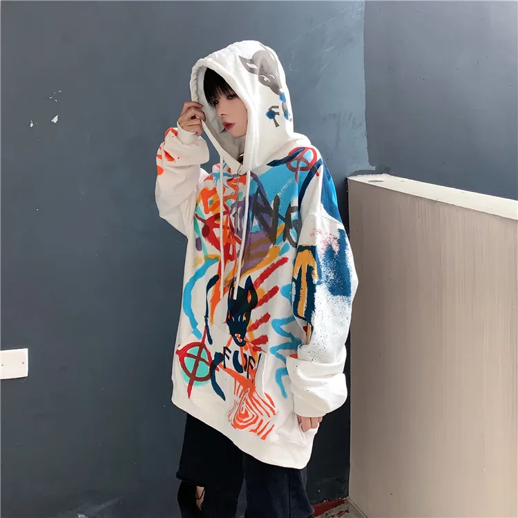 Япония Стиль Harajuku с капюшоном пуловер с надписями Свободная Толстовка Для женщин Многоцветный полоски толстовки с капюшоном в стиле хип-хоп, костюмы для танцев