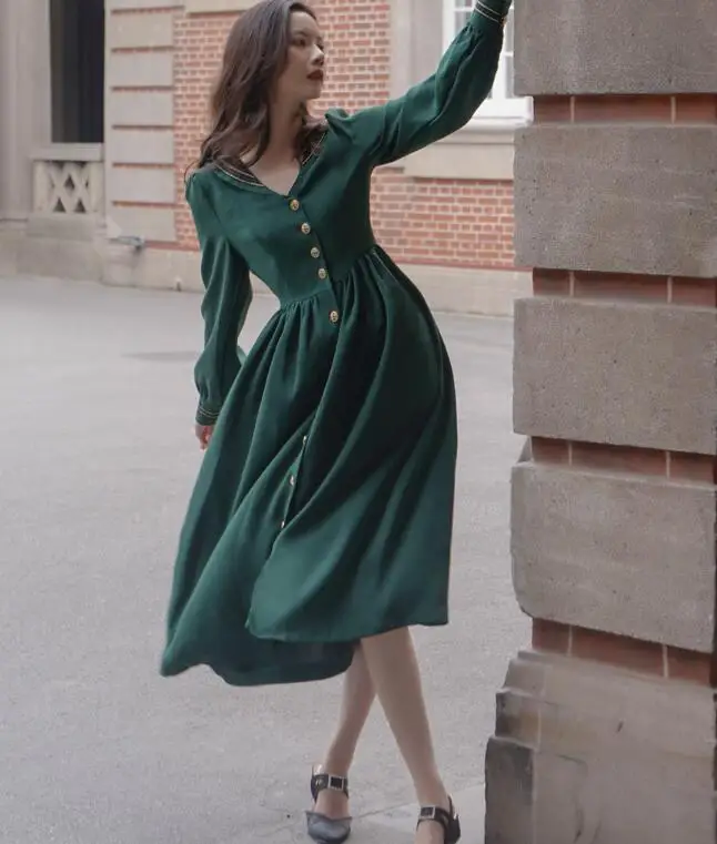 Осень, Новое поступление, Ретро стиль, горячая распродажа, v-образный вырез, длинный рукав, женское длинное платье зеленого цвета
