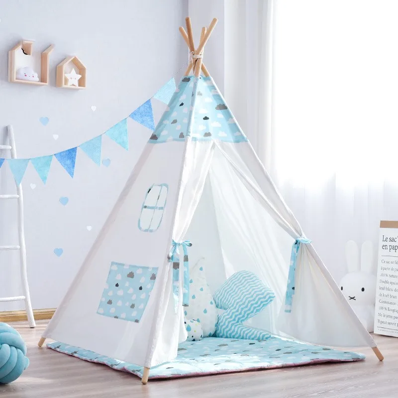 Детская игровая палатка вигвам из хлопка, детский игровой домик типи для помещений, уличная игрушка для мальчиков и девочек, подарок для малышей, белый с ковриком - Цвет: blue