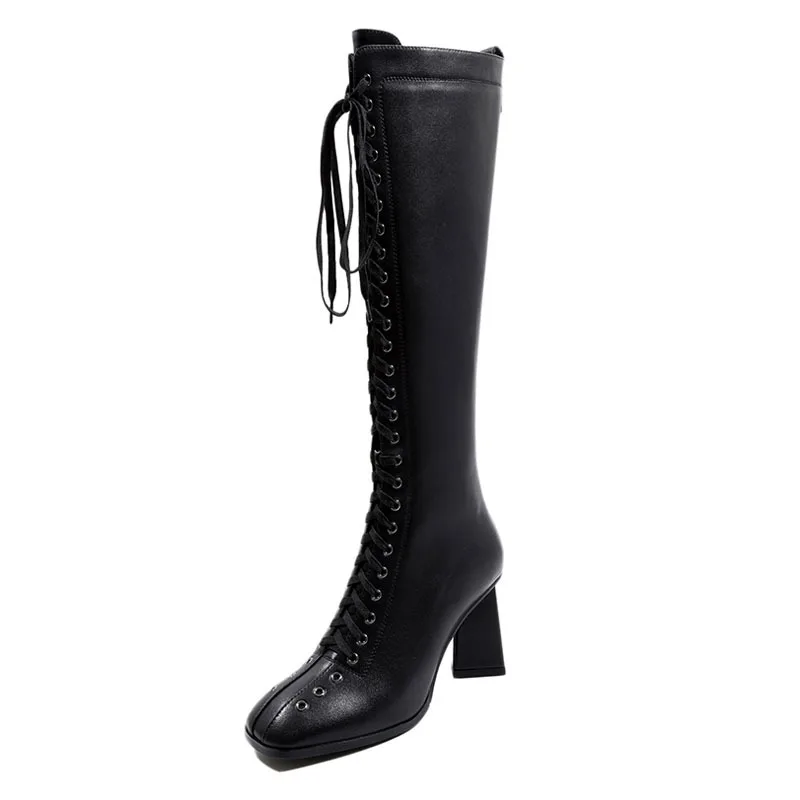 

Mature Black Quality Leather Knee-High Boots Leisure Cross-Tied Comfortable Martin Shoes Classics Side Zipper High Heels Botas