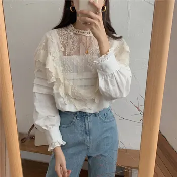 

Sweet Vintage Elegance Patchwork Cute Blouses 2020 Retro Women Lace Chic Basic Casual Shirts Vestido Robe Mujer