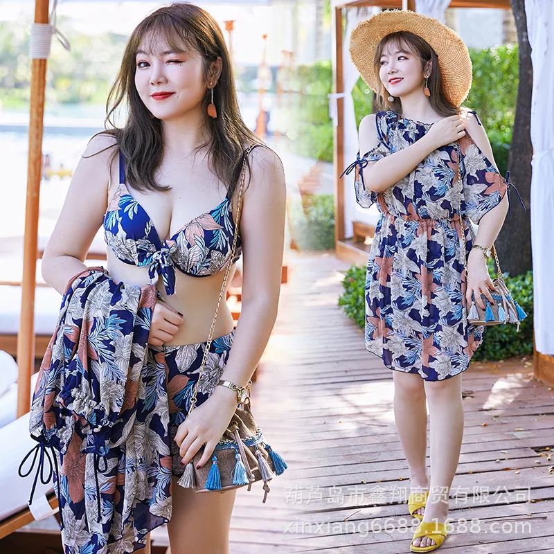 

2019ins Bathing Suit Plus-sized Increase the Fat Mm200 Jin Swimwear Bikini Three-piece Set Bathing Suit Women's Printed Hot Spri