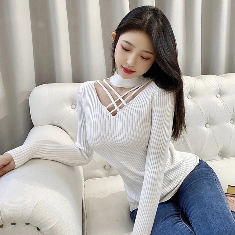 

Y2k осенний свитер, сексуальный свитер с вырезами, вязаный Симпатичный топ в рубчик, милый корейский модный винтажный свитер с длинным рукавом, пуловер для женщин 2021