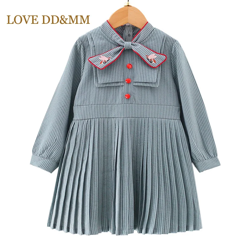 Милые платья для девочек DD& MM г. Новая Осенняя детская одежда модное удобное плиссированное платье в полоску с бантом и длинными рукавами для девочек