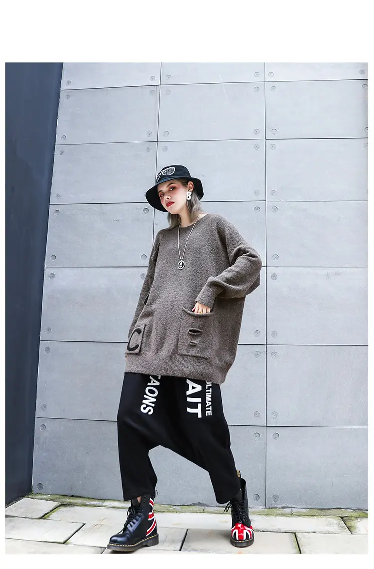 XITAO Патч Письмо отверстие карман свитер осень женская зимняя одежда свободные корейский стиль женские трикотажные изделия Ленивый Oaf пуловер GCC2403
