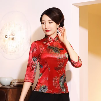 

Classic Mandarin Collar Coat Traditional Chinese Tang Clothing Vintage Blouse Velvet Women Red Floral Shirt Oriental Tops 5XL