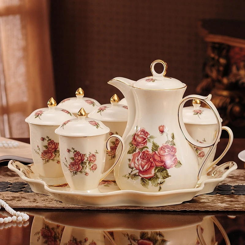 European Style Luxury Queen Rose Gold Border Ceramic Tea Cup Teapot British Coffee Cup And