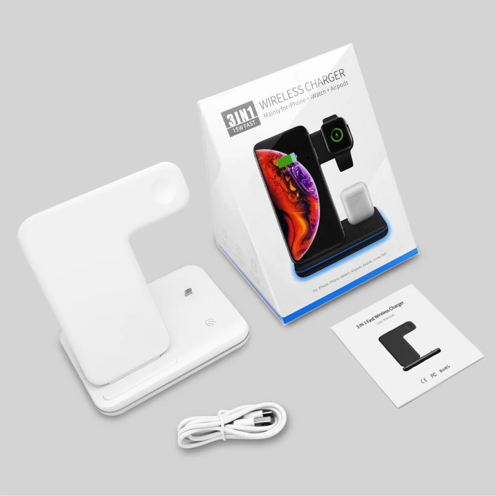 15 Вт Qi Беспроводное зарядное устройство док-станция 3 в 1 для Iphone 11 Pro Max XR XS MAX X 8+ Apple Watch Series 4 3 2 Airpods Pro 1 2