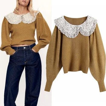 

Za Autumn Contrast Collar Patchwork Cropped Knitted Sweater Women 2020 Vintage Long Puff Sleeve Cute Christmas Pullover Top