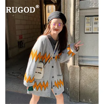 

RUGOD sweater cardigans for women v neck lightning pattern plus size loose knitted coat fashion female casual autumn soft tops