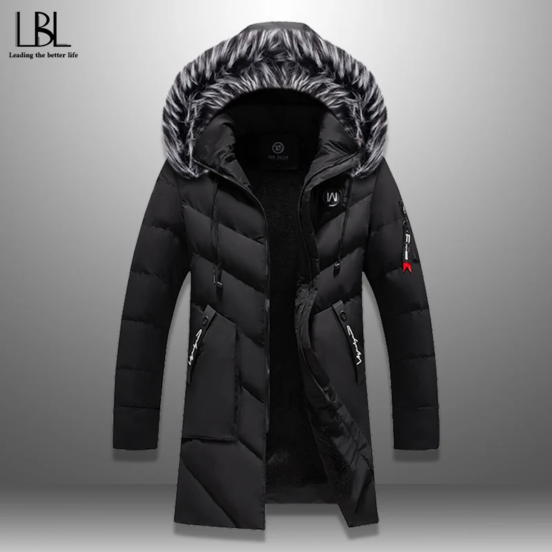 Jacket Coat Padded Winter Parka Mens Long Fashion Thick Windproof Hooded Solid Fur-Collar