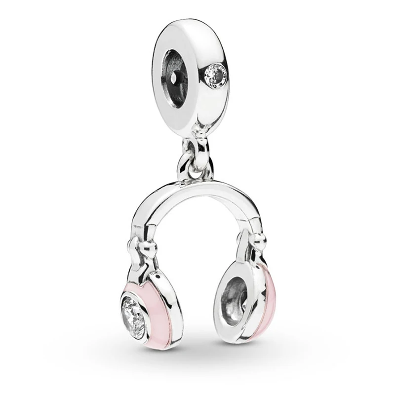 

2019 NEW 100% 925 Sterling Silver Pink Headphones Dangle Charm Pendant Fit European Lady DIY Bracelet Fashion Girl Jewelry Gift