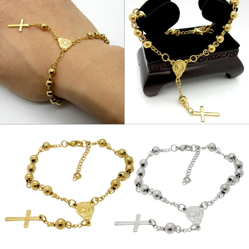 Stainless Steel Rosary Women Christe Beads Bracelet Vintage Jesus Christ Crucifix Cross Bracelet Bead Chain Wristband Croca Char