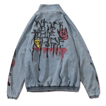 

100%Cotton Printed Denim Jackets Streetwear Wash HipHop New Fashion Mens Vintage Punk Rock Cowboy Jacket Tops Male Zipper Coats