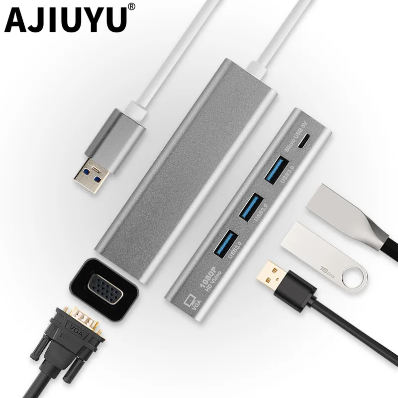 Ajiuyu USB адаптер VGA USB 3,0 концентратор сплиттер разделительный кабель мульти порт Стыковочный модуль-преобразователь Соединительный дисплей для Windows 10 8 7