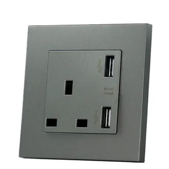 

UK standard Wall Power Dual Socket Plug, Grounded 13A 250V British Standard Electrical Outlet,86mm*86mm, Dual USB Socket,Grey