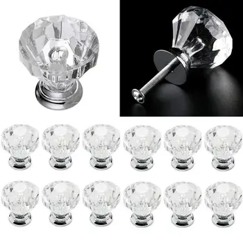 

HTHL-12pcs Glass Drawer Door Knob Crystal Diamond Handle Pull Dia 35mm for Wardrobes Cabinets Cupboards Furniture Transparent