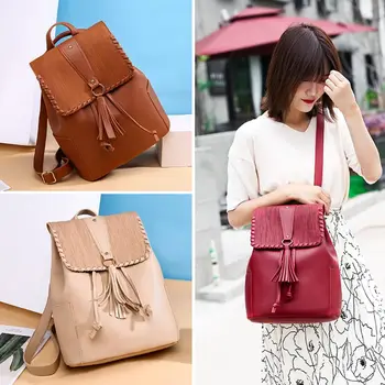 

NoEnName_Null 2019 Fashion Tassel Backpack Shoulder Bag Women PU Leather Daypack for Teenager Girls