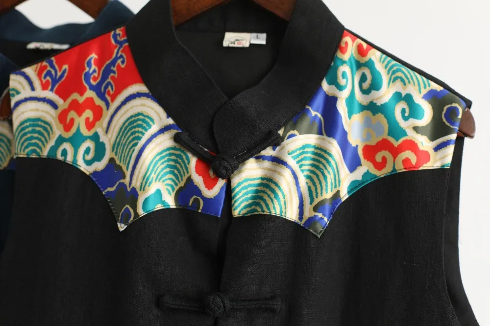 LZJN 2019 Men's Summer Waistcoat Chinese Style Print Patchwork Linen Button Down Kung Fu Shirt Sleeveless Vest Jacket (26)