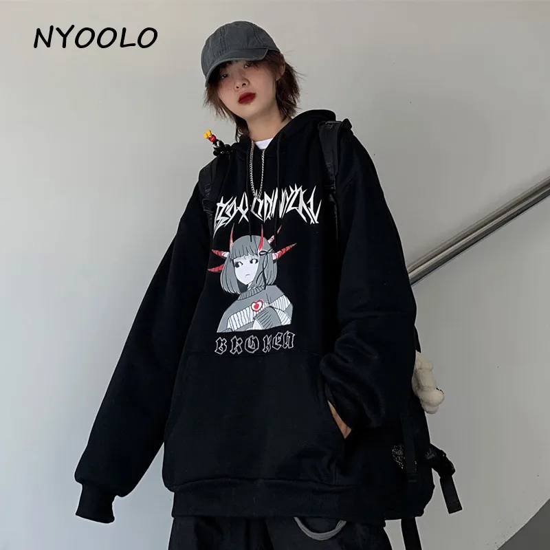 NYOOLO Harajuku аниме сломанная девушка с буквенным принтом теплые толстовки осень зима длинный рукав с капюшоном Пуловеры Толстовка для женщин и мужчин Топ