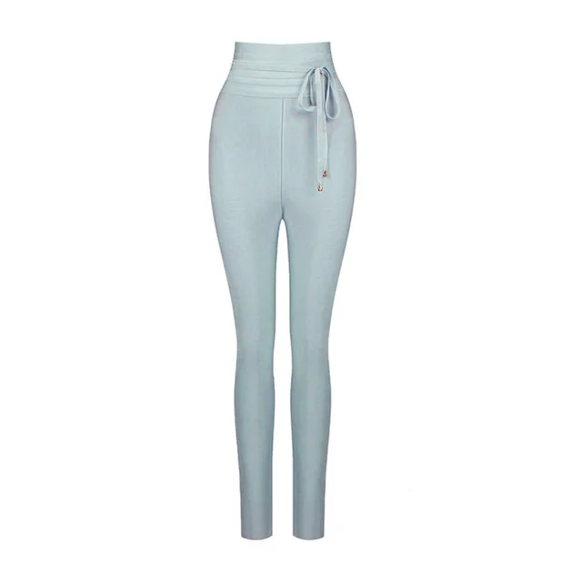CIEMIILI Sexy Women Pants 2021 New Fashion High Waist Skinny Ties Ladyies Solid Long Pencil Party Bodycon Bandage Pants Light Blue