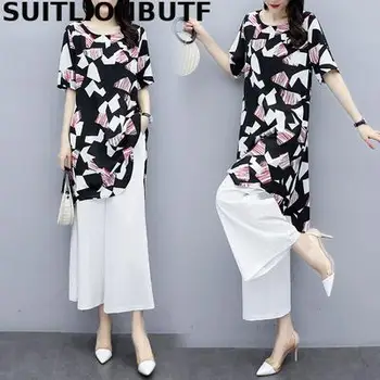 

Elegant Ladies Plus Size Chiffon 2 Piece Set Geometric Long Tops Elastic Waist White Wide Leg Pants Ropa Mujer Conjunto Feminino