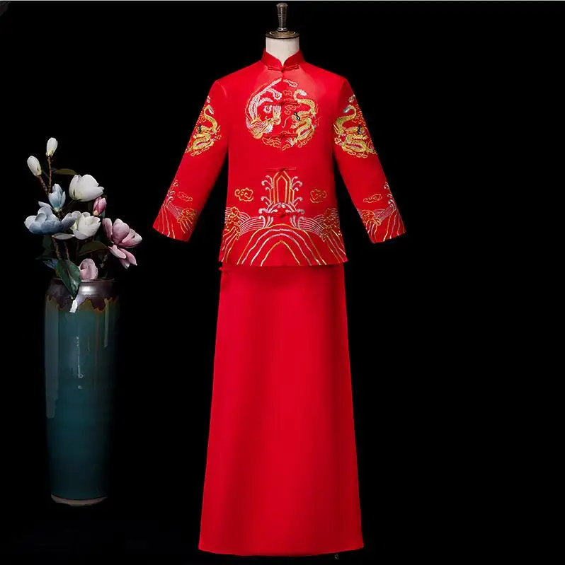Синий Жених Винтаж Свободный чеонгам традиционное китайское свадебное платье атласное Qipao Вышивка костюм дракона Vestido восточные мужские - Цвет: red dress M