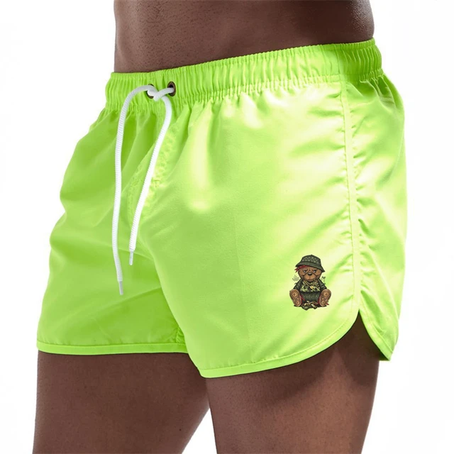 Summer Men's Swimwear Bear Printed Shorts Brand Beachwear Sexy Swim Trunks Men Swimsuit Low Waist Breathable Beach Surfing Green
